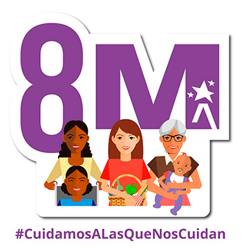 Logo del 8M. 4 Mujeres en actitud de cuidado