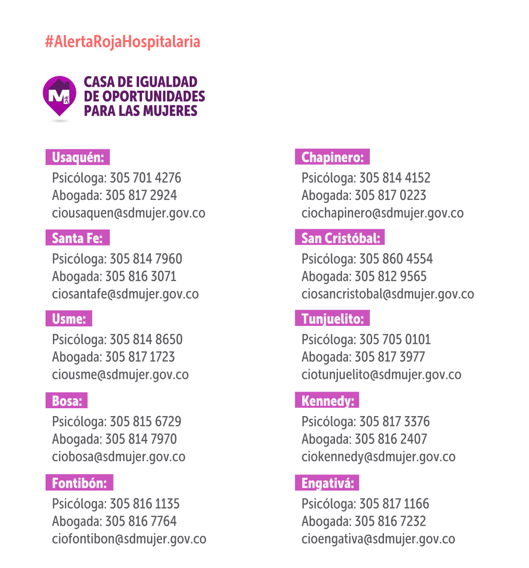 Imagen con información de las Casas de Igualdad y Oportunidad de la Mujer