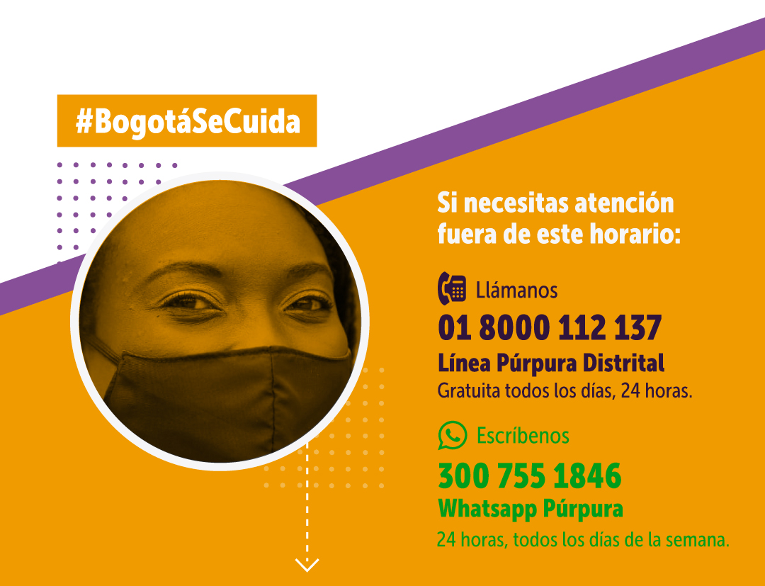 Imagen con información de contacto de la Línea Púrpura Bogotá