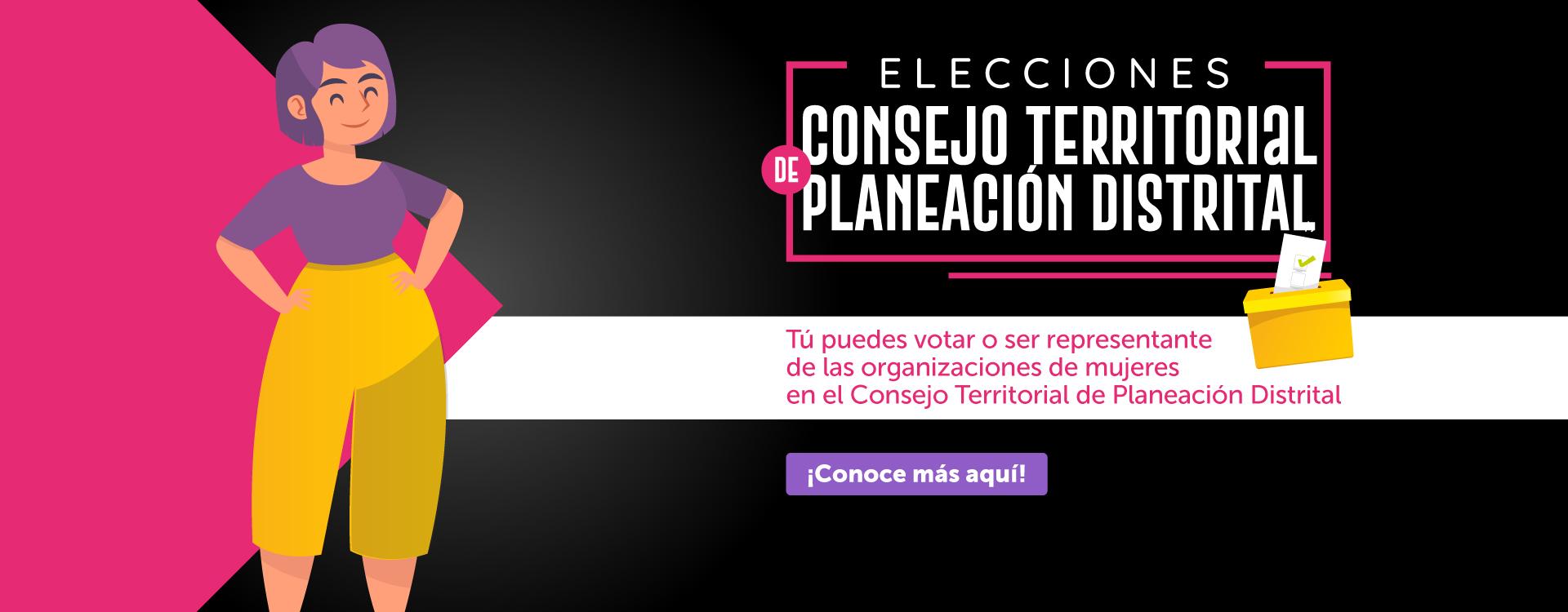 Ilustración de mujer dando un discurso con titulo del Elecciones Consejo Territorial de Planeación Distrital