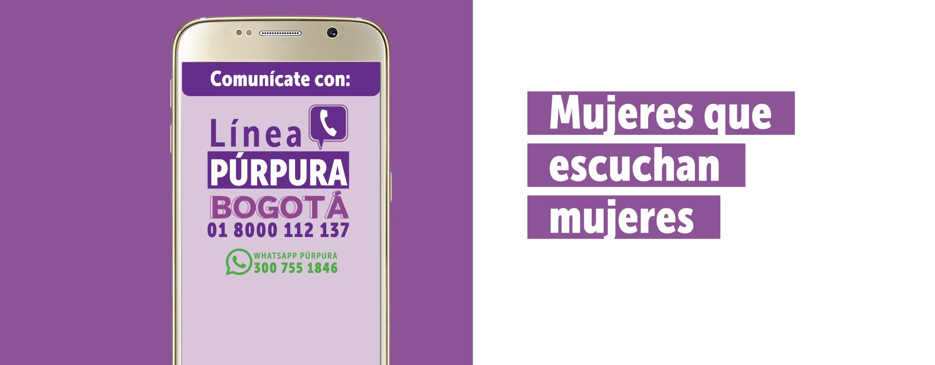Imagen con daros de la Línea Púrpura: 018000112137 - whatsapp púrpura 3007551846, mujeres que escuchan mujeres