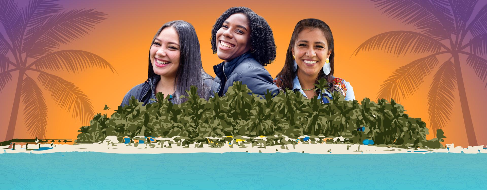 Ilustración de playa con mujeres raizales felices