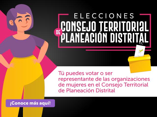 Ilustración de mujer dando un discurso con titulo del Elecciones Consejo Territorial de Planeación Distrital