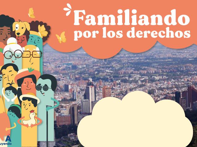 Imagen de ilustraciones de personas con foto de Bogotá de fondo